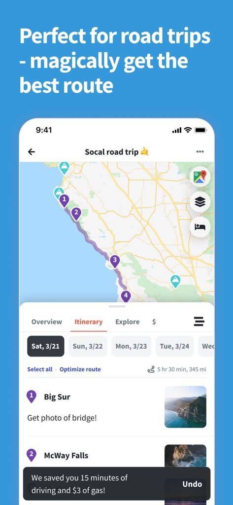 Captura de pantalla de la interfaz de la aplicación Wanderlog mostrando un itinerario de viaje