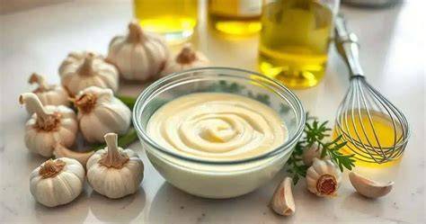 Recipiente con mayonesa de ajo casera decorada con perejil