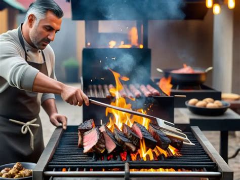 Parrillero experto manejando las brasas en una parrilla argentina