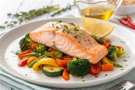 Plato de salmón cocinado al vapor con verduras