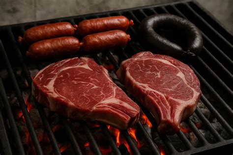 Variedad de embutidos y carnes para barbacoa