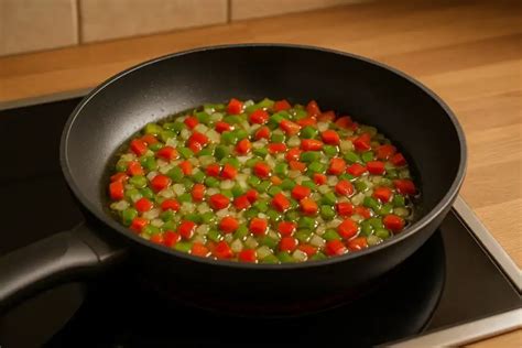 Verduras pochándose en una sartén