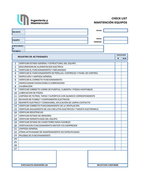 Checklist de mantenimiento de equipos de panadería